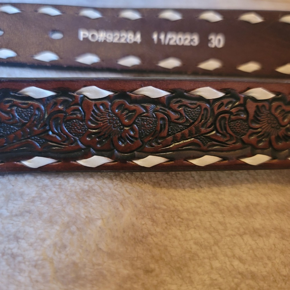 NEW Nocona Belt Co Brown Floral Tooled Leather Buckstitch Western Belt Strap 30"